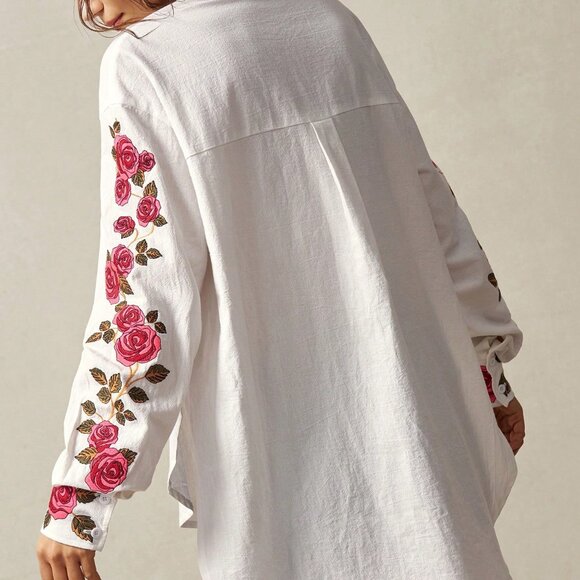 White Boho Women's Woven Asymmetrical Long Sleeve Shirt - Picture 2 of 7